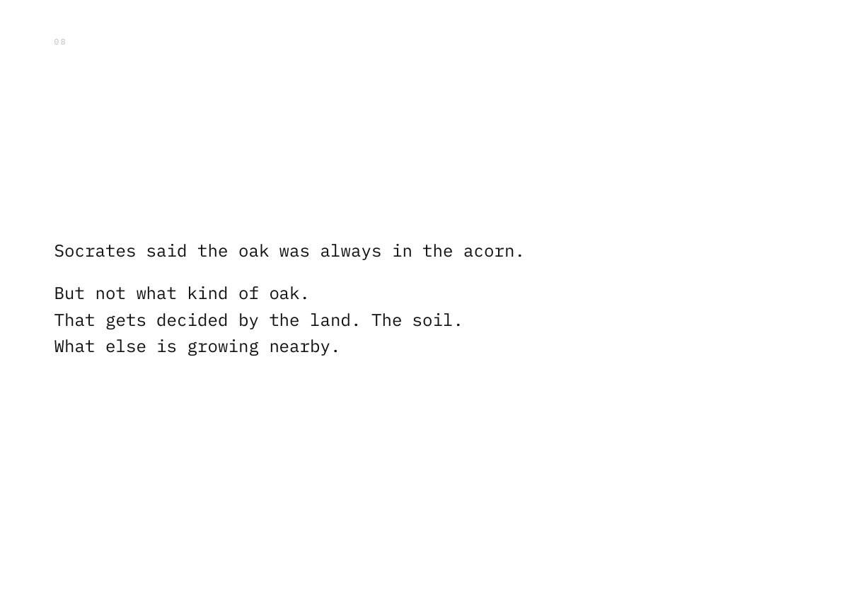 Socrates said the oak was always in the acorn. But not what kind of oak. That gets decided by the land. The soil. What else is growing nearby.
