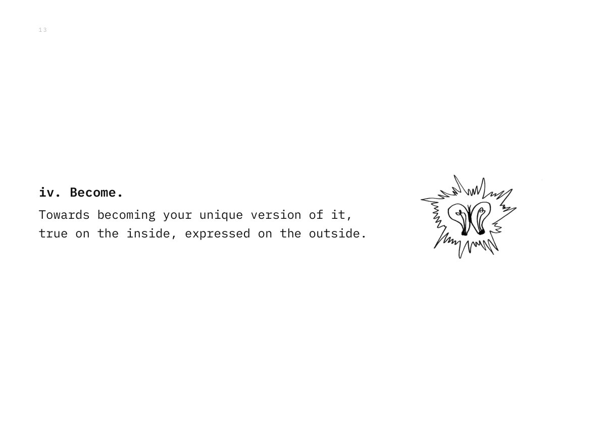 iv. Become. Towards becoming your unique version of it, true on the inside, expressed on the outside.